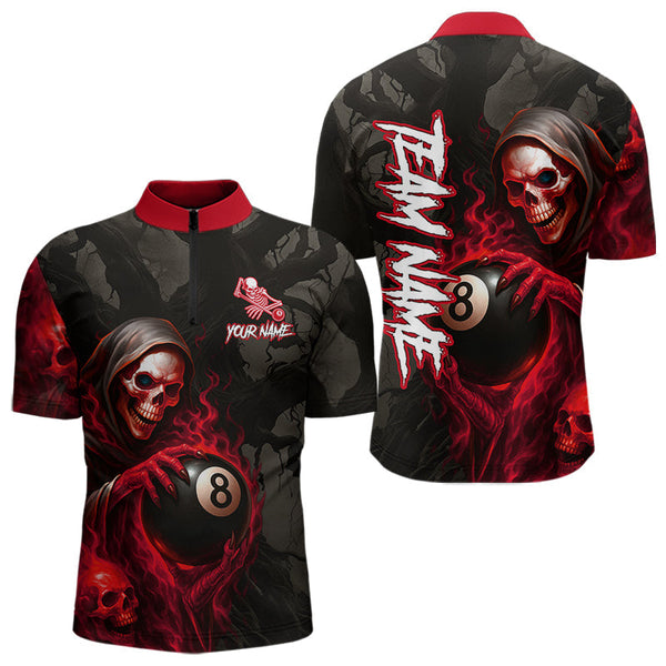 Maxcorners Grim Reaper Custom Flame 8 Ball Pool Billiard Shirt For Men, Black And Red Billiard Team Jerseys LM0706