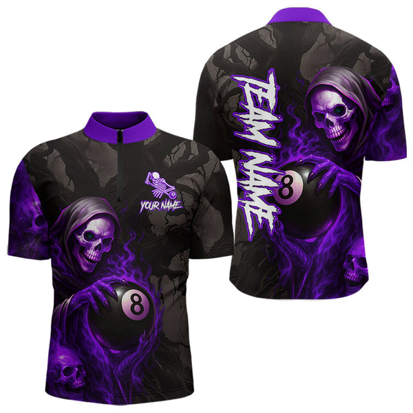 Maxcorners Grim Reaper Custom Flame 8 Ball Pool Billiard Shirt For Men, Purple Black Billiard Team Jersey LM0706