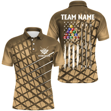 MaxCorners Billiard Gold Grunge American Flag Customized Name, Team Name 3D Polo Shirt