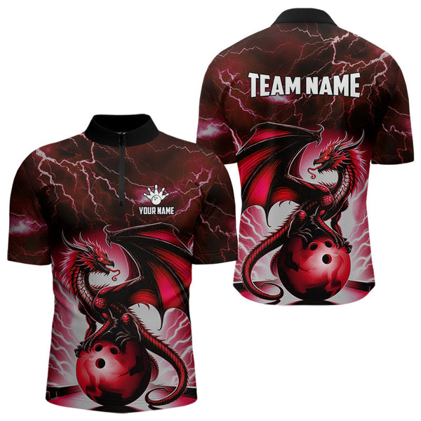 Maxcorners Red Thunder Lightning Custom Dragon Bowling Shirts For Men, Bowling Team Jerseys Polo & 1/4 Zip