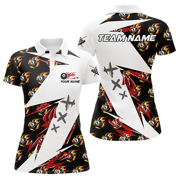 Maxcorners Personalized Billiard 8 Ball Fire Flame Pattern Men Polo Shirts Custom Team Name Billiard Jersey LM054