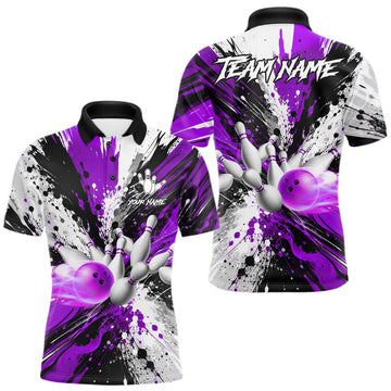 Maxcorners Custom Purple Splatter Bowling Ball Pins Polo & Quarter Zip For Men, Bowling League Team Jersey LM0106