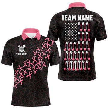 Maxcorners Pink Ribbons Patriotic American Flag Darts Shirt For Men Custom Breast Cancer Darts Team Jersey LM0208