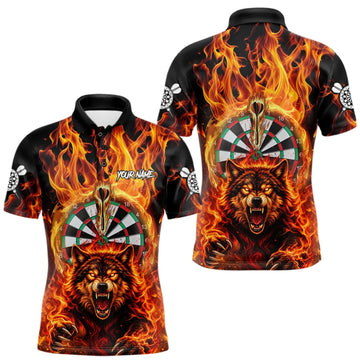 Maxcorners Personalized Orange Flaming Wolf Darts Shirt For Men Custom Fire Darts Jersey Team Polo & 1/4 Zip LM0410