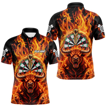 Maxcorners Personalized Orange Flaming Bull Darts Shirt For Men Custom Fire Darts Jersey Team Polo & 1/4 Zip LM0410