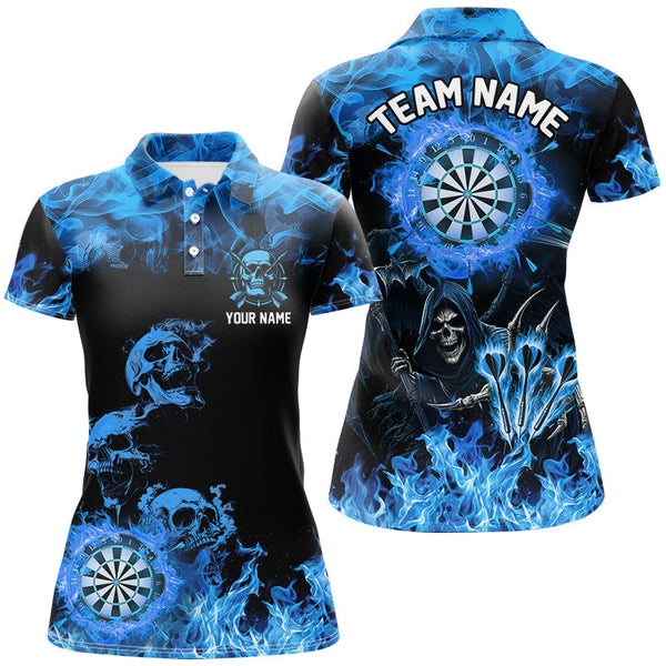 Maxcorners Fire Flame Darts Board Custom Skull Dart Shirts For Women, Death Skeleton Scary Dart Jerseys | Blue