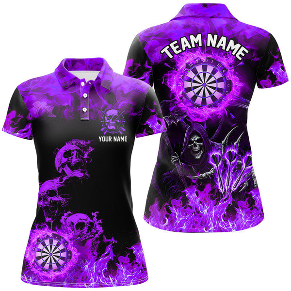 Maxcorners Fire Flame Darts Board Custom Skull Dart Shirts For Women, Death Skeleton Scary Dart Jerseys | Purple