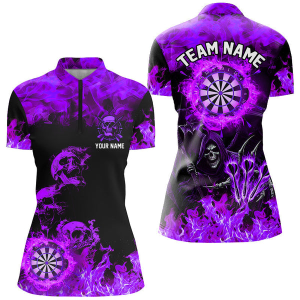 Maxcorners Fire Flame Darts Board Custom Skull Dart Shirts For Women, Death Skeleton Scary Dart Jerseys | Purple