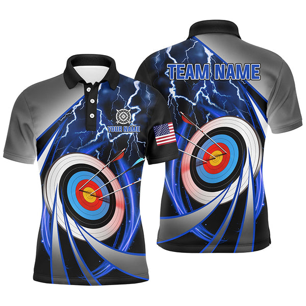 Maxcorners Blue Archery 3D Target Thunder Lightning Personalized Men Polo Shirts, Team League Archery Shirts