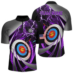 Maxcorners Purple Archery 3D Target Thunder Lightning Personalized Men Polo Shirts, Team League Archery Shirts