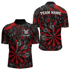 Maxcorners Custom Black And Red Grunge Camo Dart Shirts For Men, Camouflage Dart Team Jersey Polo & 1/4 Zip