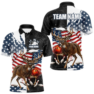 Maxcorners American Flag Deer Bowling Shirts For Men Custom Patriotic Black Camo Bowling Team Jersey LM0409