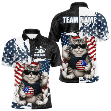 Maxcorners Personalized Funny Cat American Flag Bowling Jerseys For Men Custom Patriotic Bowling Team Shirts LM0409