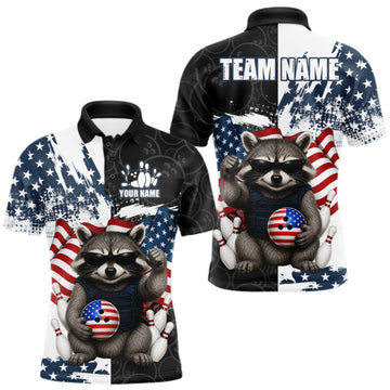 Maxcorners Funny Raccoon American Flag Bowling Jerseys For Men Custom Patriotic Bowling League Team Shirts LM0409