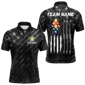 Maxcorners Black US Flag 9 Ball Billiard Shirts For Men Custom Patriotic Billiard Team Shirts, Pool Jerseys LM0410