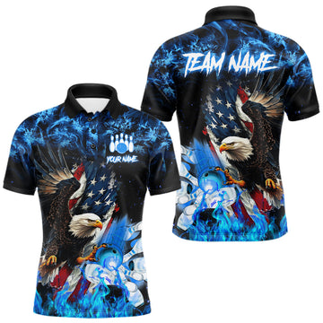 Maxcorners Blue Flame American Flag Eagle Bowling Shirts For Men Custom Patriotic Team League Bowling Jersey LM0208