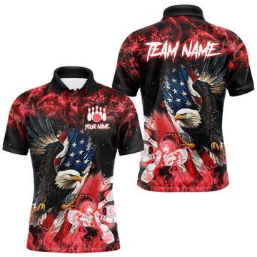 Maxcorners Red Flame American Flag Eagle Bowling Shirts For Men Custom Patriotic Team League Bowling Jersey LM0208
