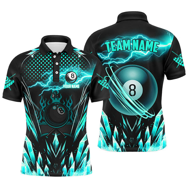 Maxcorners Custom Turquoise Icy Lightning 8 Ball Pool Men Polo & Quarter-Zip, Billiard Team League Jersey