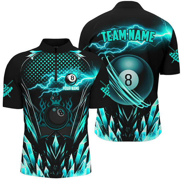 Maxcorners Custom Turquoise Icy Lightning 8 Ball Pool Men Polo & Quarter-Zip, Billiard Team League Jersey