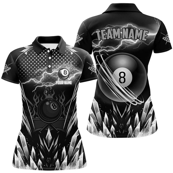 Maxcorners Custom Grey Icy Lightning 8 Ball Pool Men Polo & Quarter-Zip, Black Billiard Team League Jersey