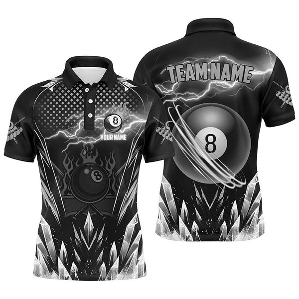 Maxcorners Custom Grey Icy Lightning 8 Ball Pool Men Polo & Quarter-Zip, Black Billiard Team League Jersey