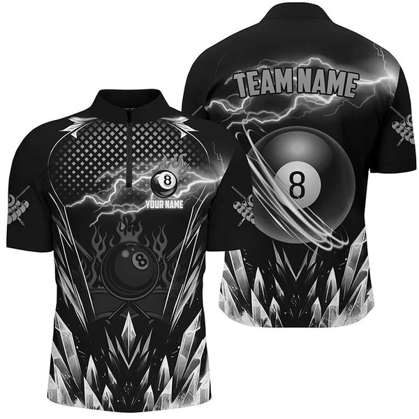 Maxcorners Custom Grey Icy Lightning 8 Ball Pool Men Polo & Quarter-Zip, Black Billiard Team League Jersey