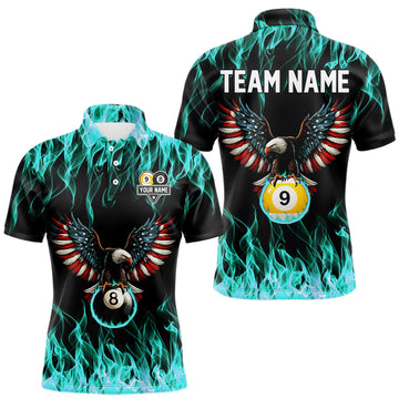 Maxcorners Turquoise Flaming American Flag Eagle 8 Ball 9 Ball Billiard Shirt For Men Custom Pool Team Jersey LM0101