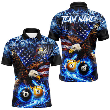 Maxcorners Blue Flaming Eagle 8 Ball 9 Ball Pool Billiard Shirt For Men Custom American Flag Billiard Jersey LM0208