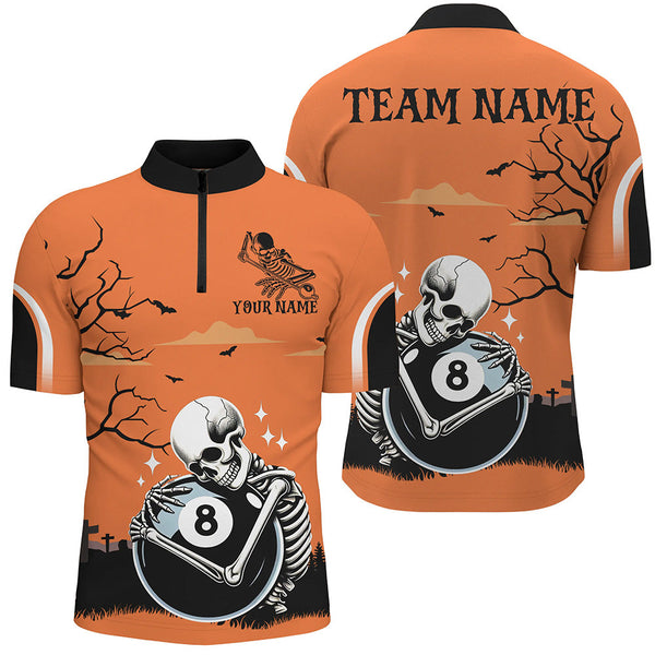 Maxcorners Funny Skeleton Hugging 8 Ball Pool Custom Orange Bowling Jersey Customized Name, Team Name 3D Shirt