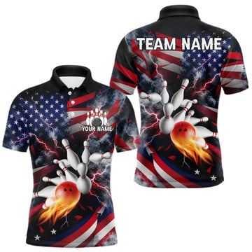 Maxcorners Lightning Black American Flag Flame Bowling Jersey For Men Custom Patriotic Bowling Team Shirts LM0510