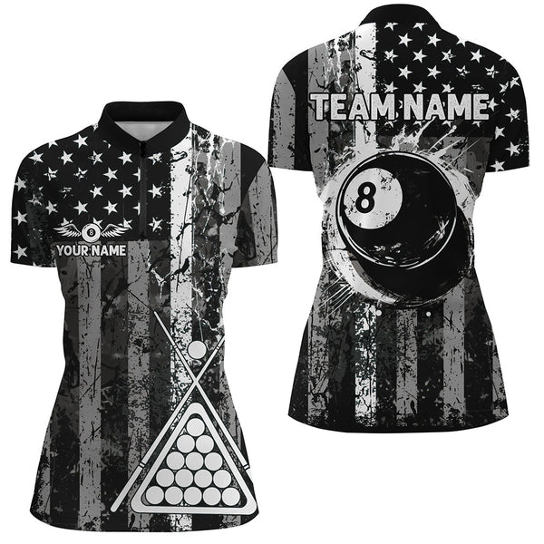 Maxcorners Custom Black Grunge US Flag Patriotic Billiard Shirt For Women Retro 8 Ball Pool Billiard Team Jersey