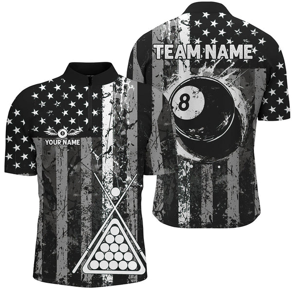 Maxcorners Custom Black Grunge US Flag Patriotic Billiard Shirt For Men Retro 8 Ball Pool Billiard Team Jersey