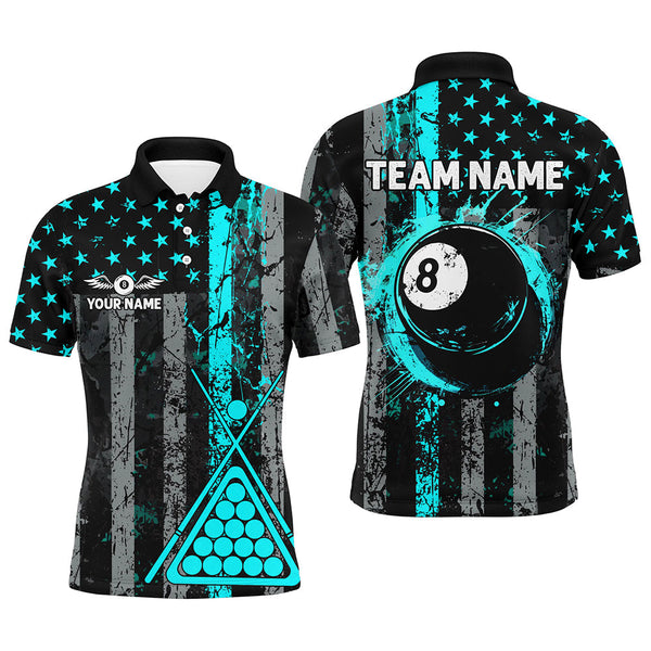 Maxcorners Custom Turquoise Grunge US Flag Patriotic Billiard Shirt For Men Retro 8 Ball Pool Billiard Jersey