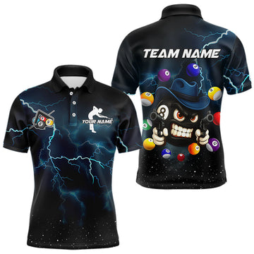 Maxcorners Blue Funny 8 Ball Pool Billiard Shirt For Men Custom Thunder Lightning Billiard Team Jersey LM0412
