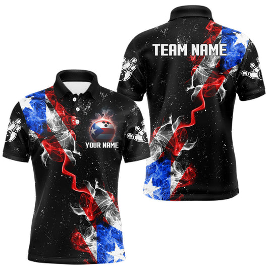 Maxcorners Personalize Puerto Rico Flag Smoke Bowling Shirt For Men Custom Patriotic Bowling Team Jersey