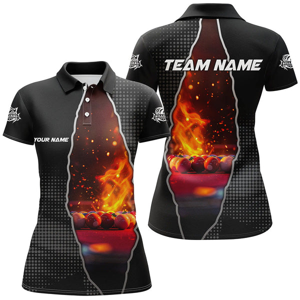 MaxCorners Billiard Balls Fire Black Pattern Customized Name, Team Name 3D Polo Shirt For Women