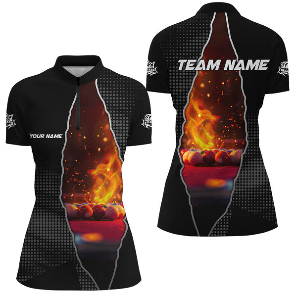 MaxCorners Billiard Balls Fire Black Pattern Customized Name, Team Name 3D Polo Shirt For Women