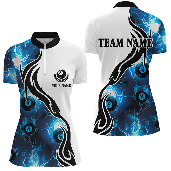 MaxCorners Billiard Blue 8 Ball Pool Thunder Lightning Customized Name, Team Name 3D Polo Shirt For Women