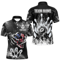 Maxcorners Black And White Flaming American Flag Skull Bowling Shirt For Men Custom Fire Bowling Team Jersey MT0609