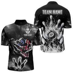Maxcorners Black And White Flaming American Flag Skull Bowling Shirt For Men Custom Fire Bowling Team Jersey MT0609
