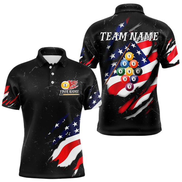 Maxcorners Personalized Patriotic 9 Ball Billiard Shirt For Men Custom Black Grunge American Flag Pool Jersey MT0609