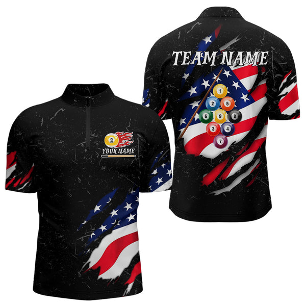 Maxcorners Personalized Patriotic 9 Ball Billiard Shirt For Men Custom Black Grunge American Flag Pool Jersey MT0609