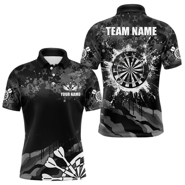 Maxcorners Black Grey Grunge Camo Darts Polo & Quarter Zip For Men Custom Retro Dartboard Team Darts Jerseys