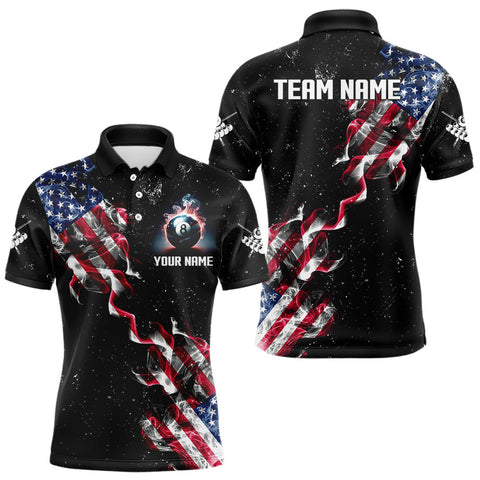 Maxcorners Customized Grunge US Flag Smoke Billiard Polo & 1/4 Zip For Men, Patriotic 8 Ball Pool Team Jersey TU0508