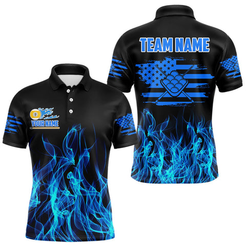 Maxcorners Blue Flaming US Flag 9 Ball Billiard Shirt For Men Custom Patriotic Pool Player Team Jersey TU0508