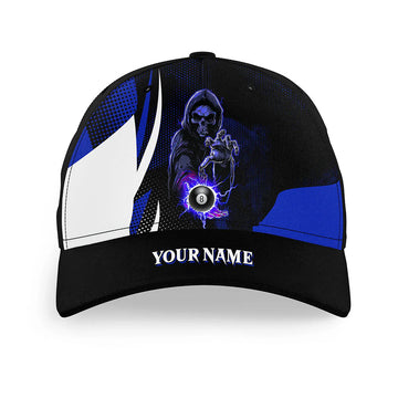 Maxcorners Billiard Blue Death Skeleton 8 Ball Personalized Name 3D Cap