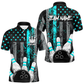 Maxcorners Turquoise Grunge American Flag Bowling Shirts for Men Custom Patriotic Bowling League Team Jersey LM2709
