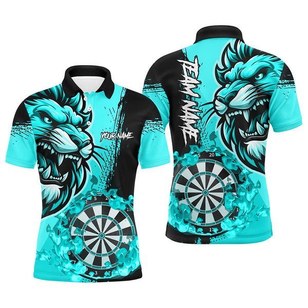 Maxcorners Turquoise Funny Darts Flame Lion Custom Polo & 1/4 Zip, Personalized Men Dart Shirts Dart Jerseys