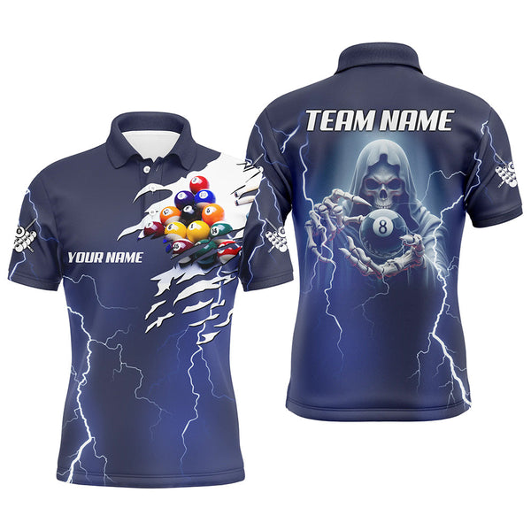 Maxcorners Billiard Skeleton Thunder Lighting Personalized Blue Men Polo Shirts, Billiards Jerseys Uniform