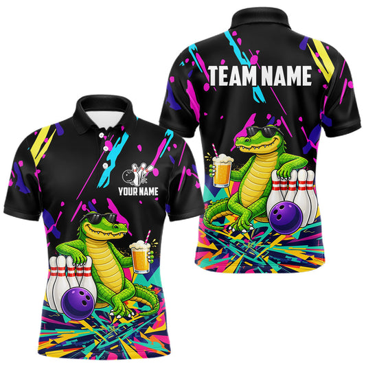 Maxcorners Colorful Bowling Jersey Funny Alligator Bowling Polo & 1/4 Zip For Men